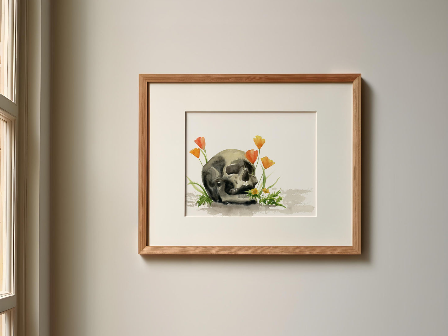 Skull and Poppies Watercolor Print | Moody Wall Art