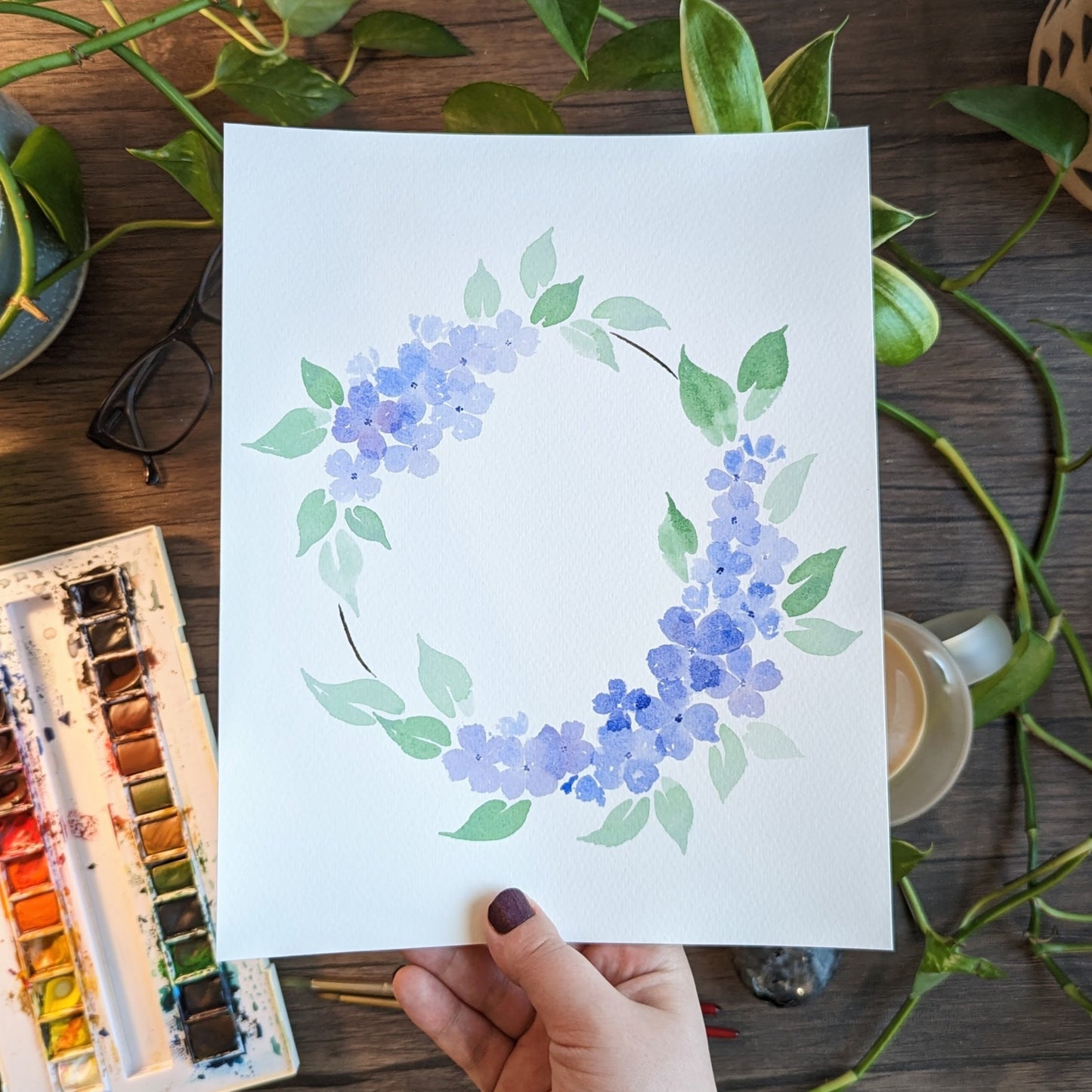 Watercolor Hydrangea Wreath Print