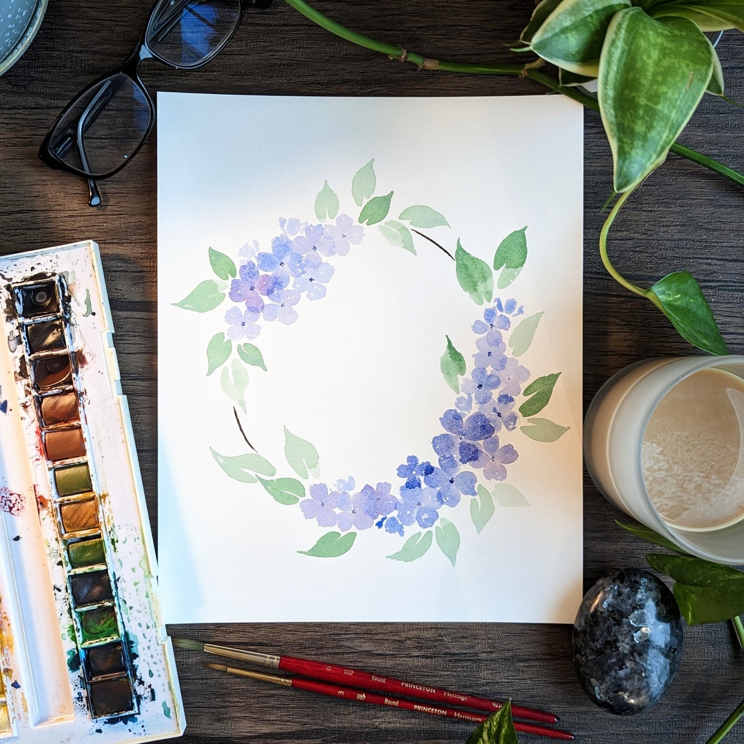 Watercolor Hydrangea Wreath Print