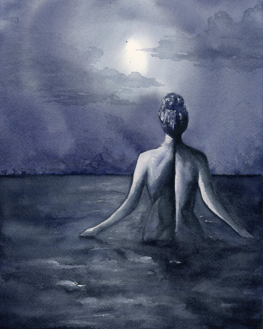 Moonlit Woman in Water - Watercolor Print