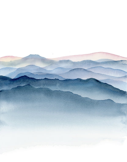 Calming Blue Misty Mountains Watercolor Print | Jiufen | Taiwan Mountains