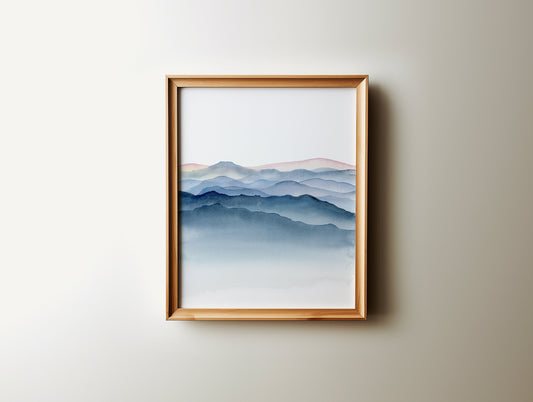 Calming Blue Misty Mountains Watercolor Print | Jiufen | Taiwan Mountains