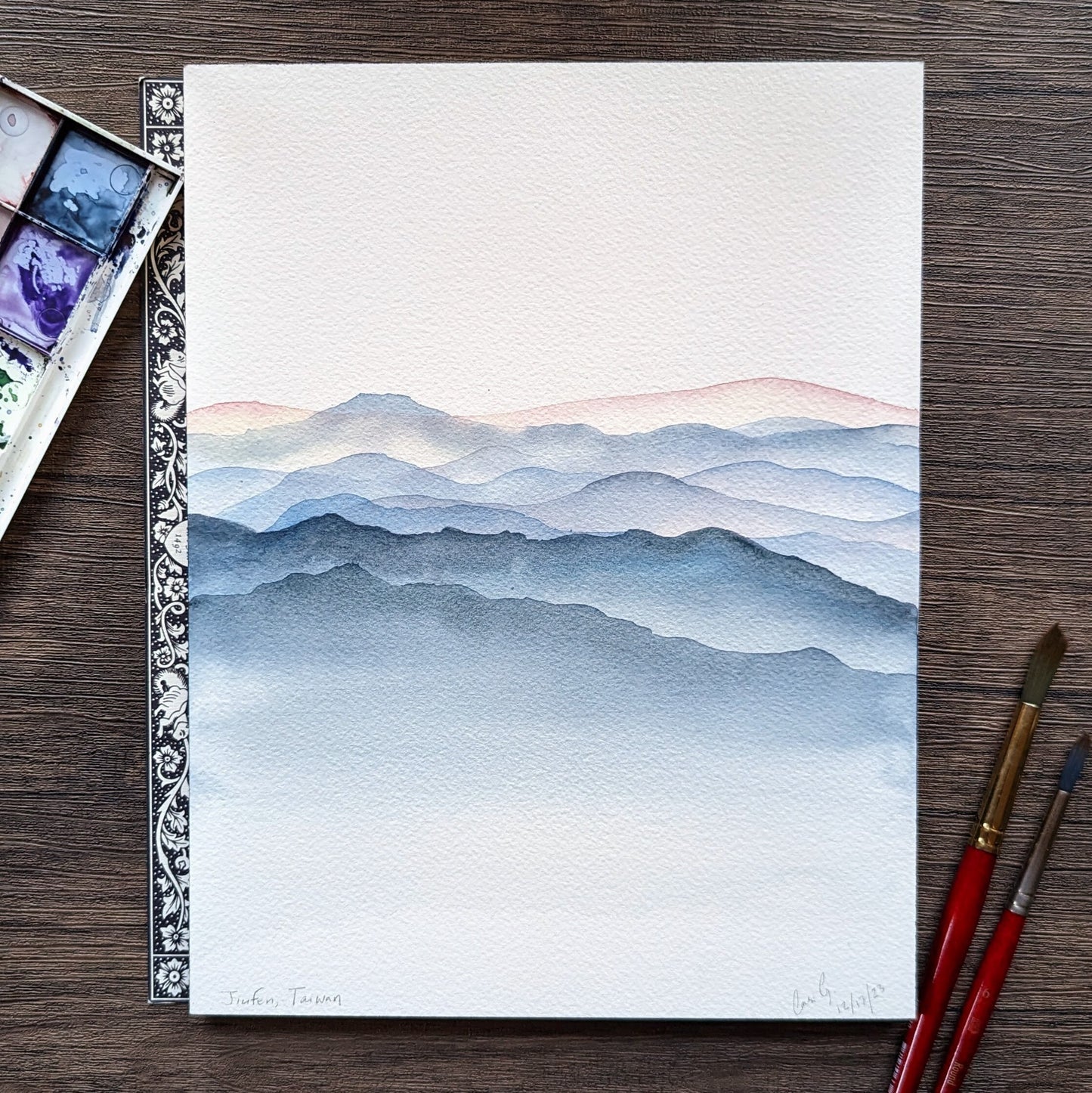 Calming Blue Misty Mountains Watercolor Print | Jiufen | Taiwan Mountains