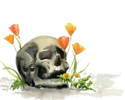 Skull and Poppies Watercolor Print | Moody Wall Art