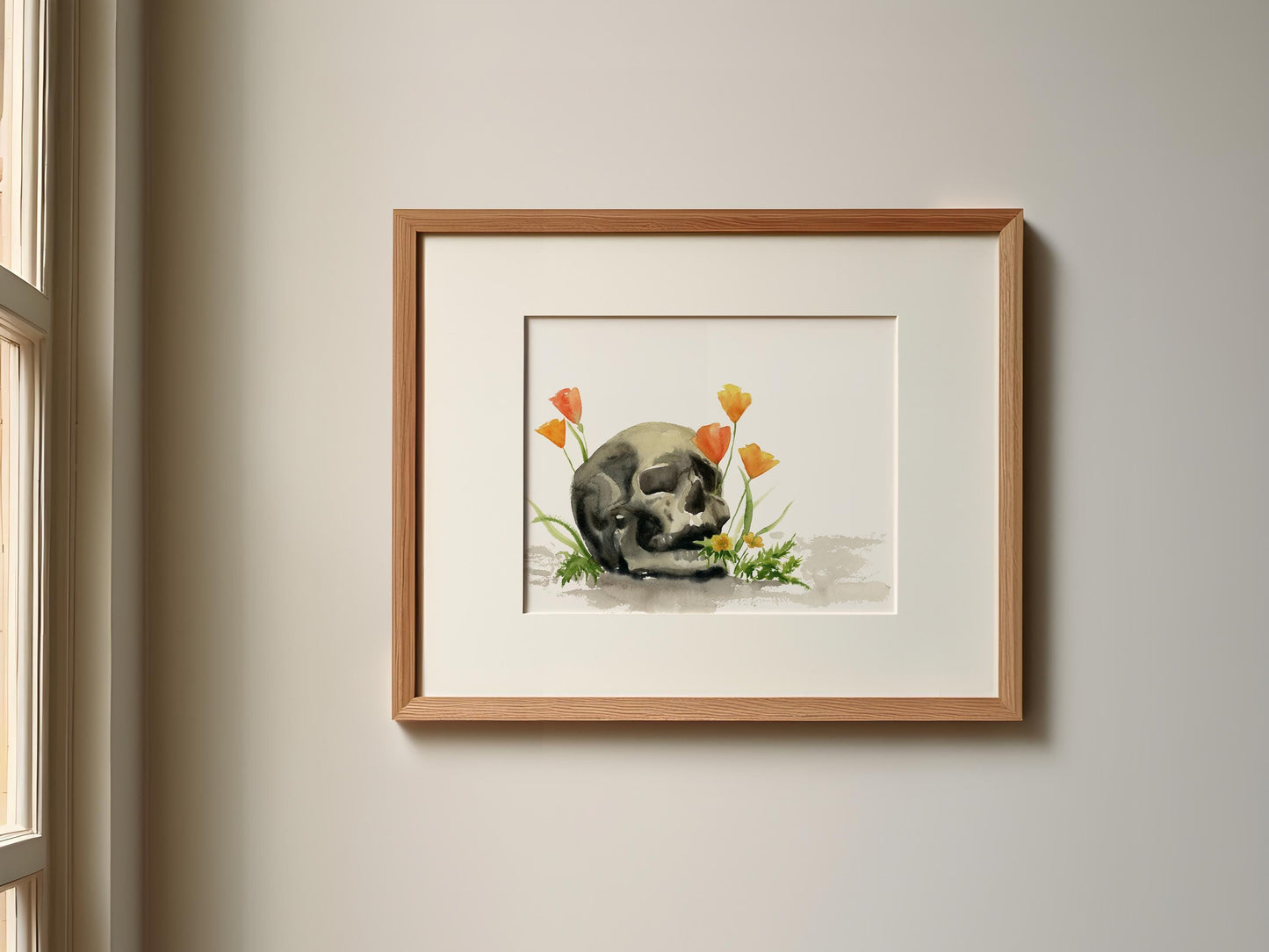 Skull and Poppies Watercolor Print | Moody Wall Art