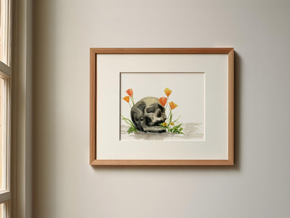 Skull and Poppies Watercolor Print | Moody Wall Art