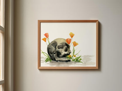 Skull and Poppies Watercolor Print | Moody Wall Art